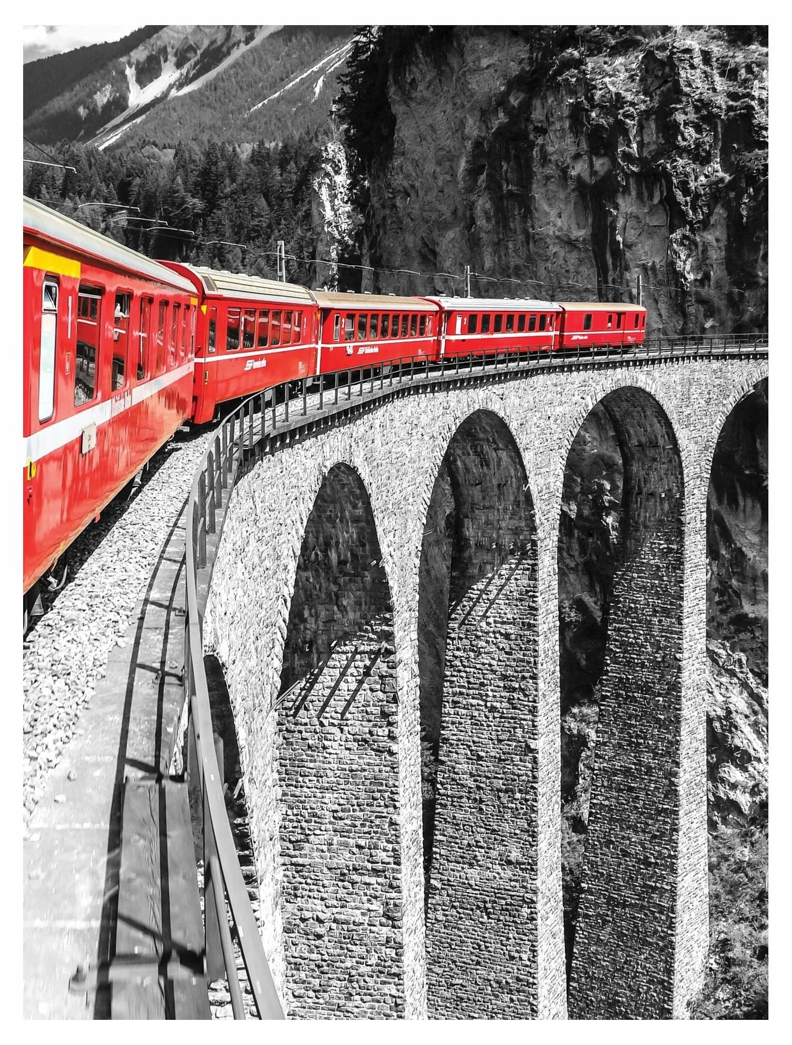Fototapeta Červený vlak hory kamenný viadukt 184x254 vinylová lepidlo