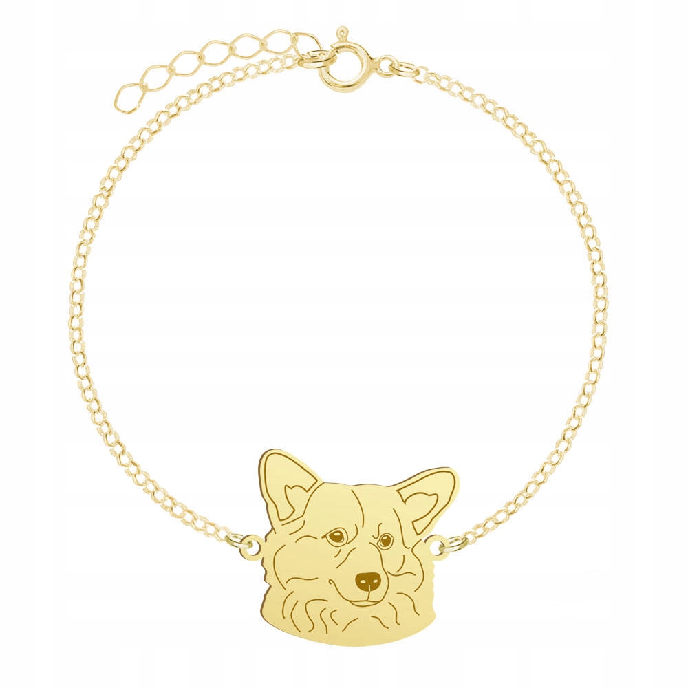 Pozlacený náramek s psem Welsh Corgi Pembroke Stříbro 925 Gravírování Bonus