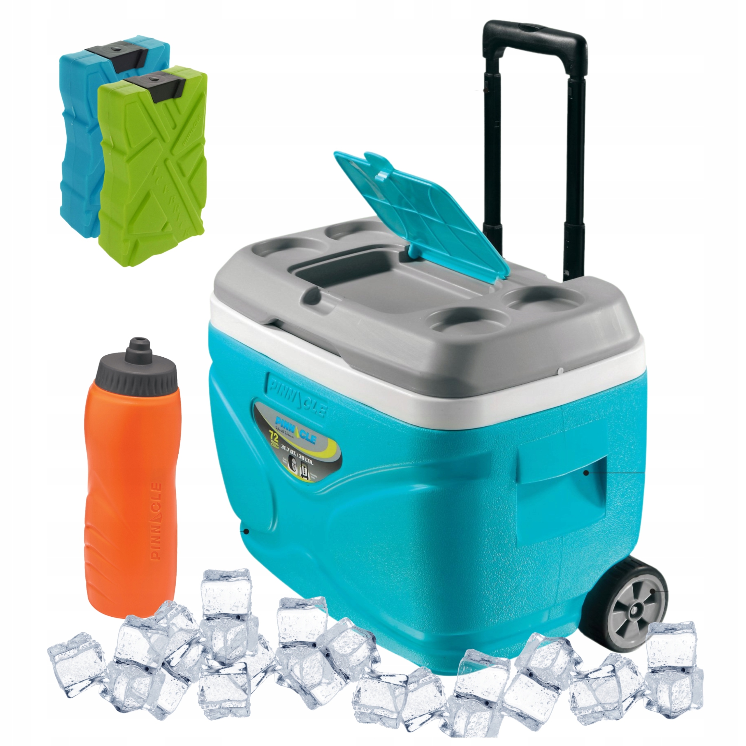 Turistická lednička s kolečky Pinnacle 30 l modrá 2 náplně 330 ml lahev na pití 1 l