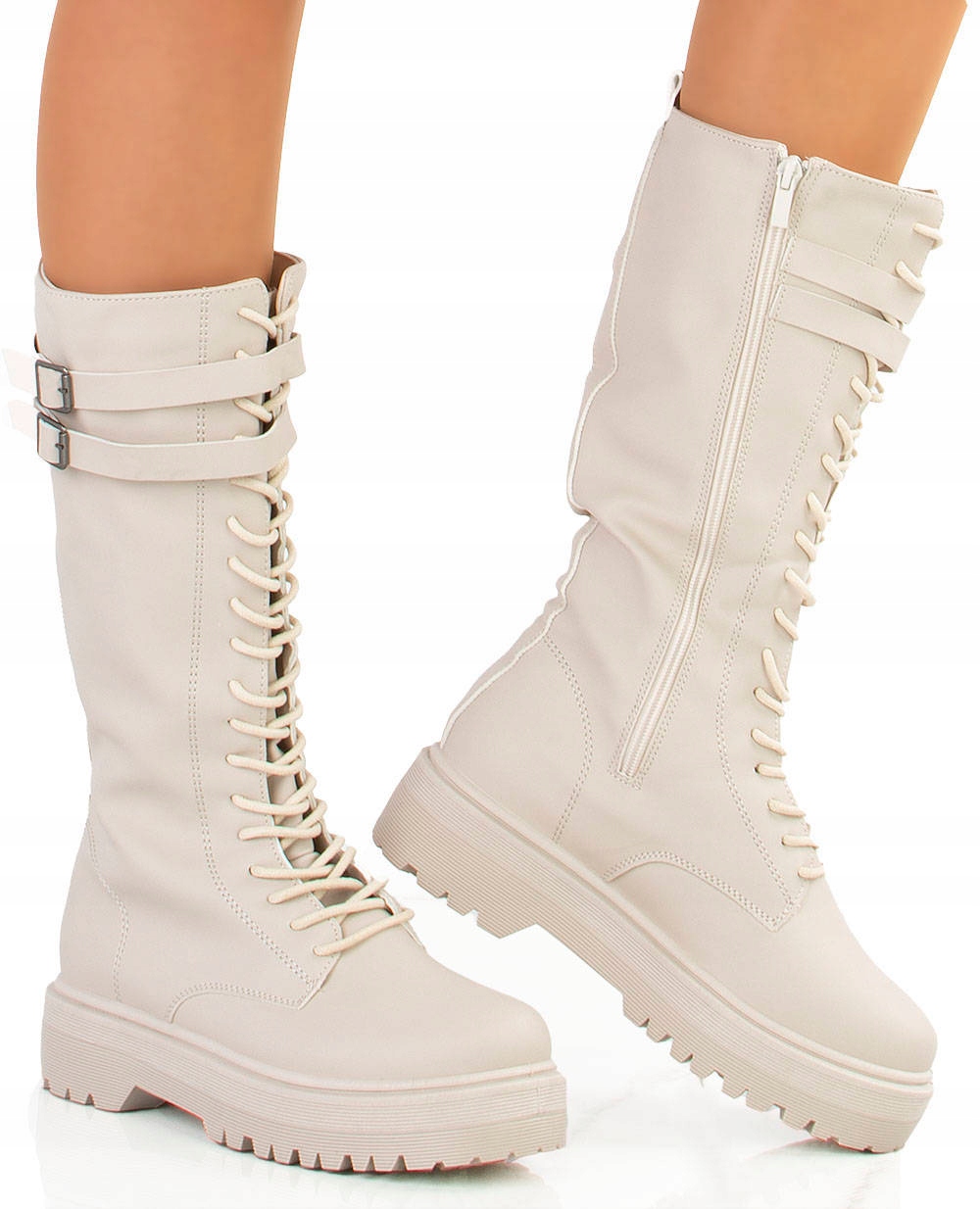 BOTKI GLANY BEŻOWE WYSOKIE KOZAKI PLATFORMA 36