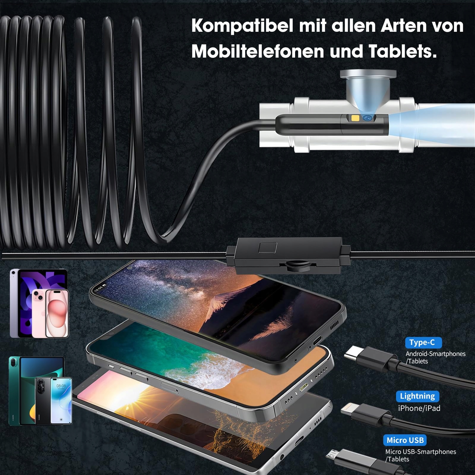 DPDUCT Kamera Endoskopowa HD 1920 Dual Lens 8+1 LED IP67 Android iOS — miniatura 6