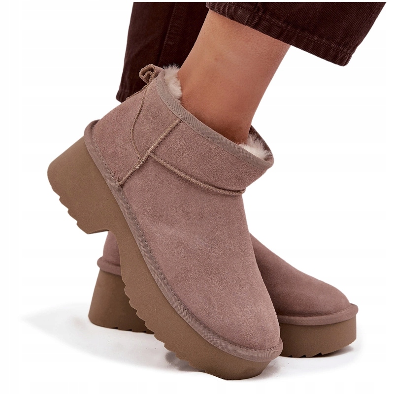 Dámské Sněhule Z Přírodního Semiše Zateplené Khaki Kožešinou, Velikost 38