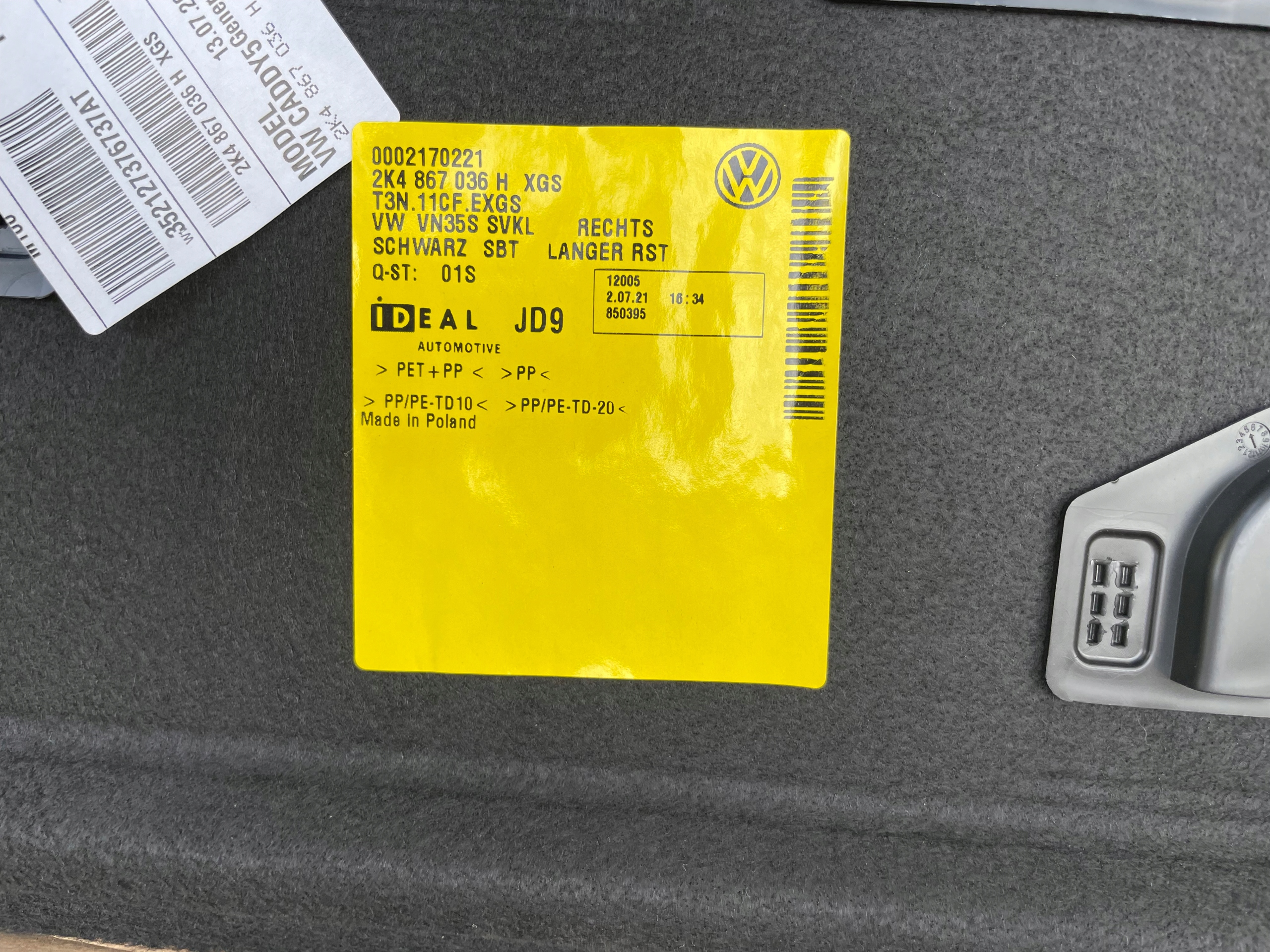 boot upholstery VW CADDY 2020-2025 R 2K4867036H right IDEAL