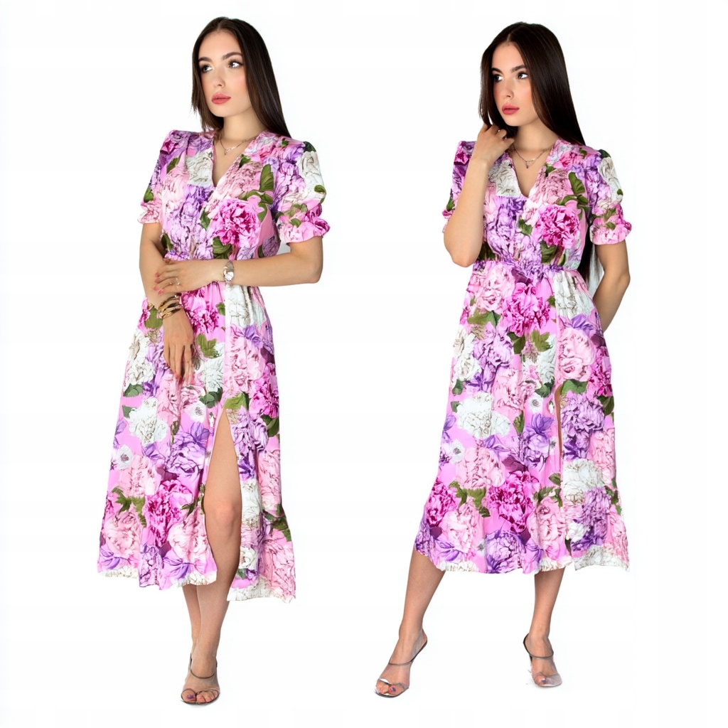 Letní Šaty S Květinovým Vzorem, Šaty , MIDI Razramek, Květiny, Volánek , Růžová, Uni