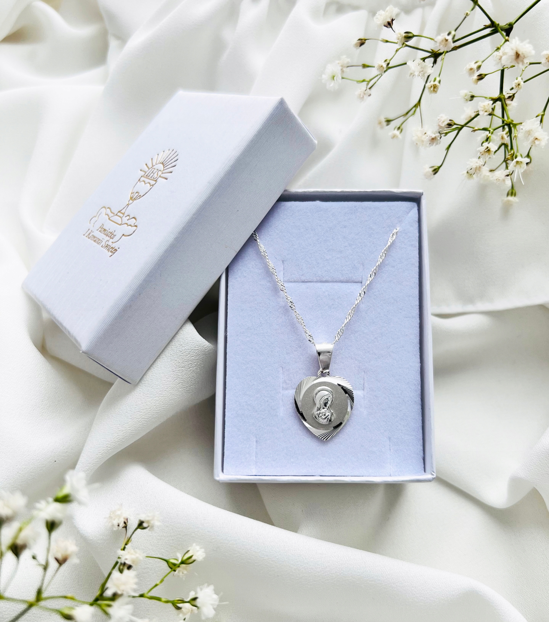 SREBRNY ŁAŃCUSZEK I MEDALIK KOMUNIJNY SERCE MATKA BOSKA SREBRO 925 40 CM Marka Abrasar