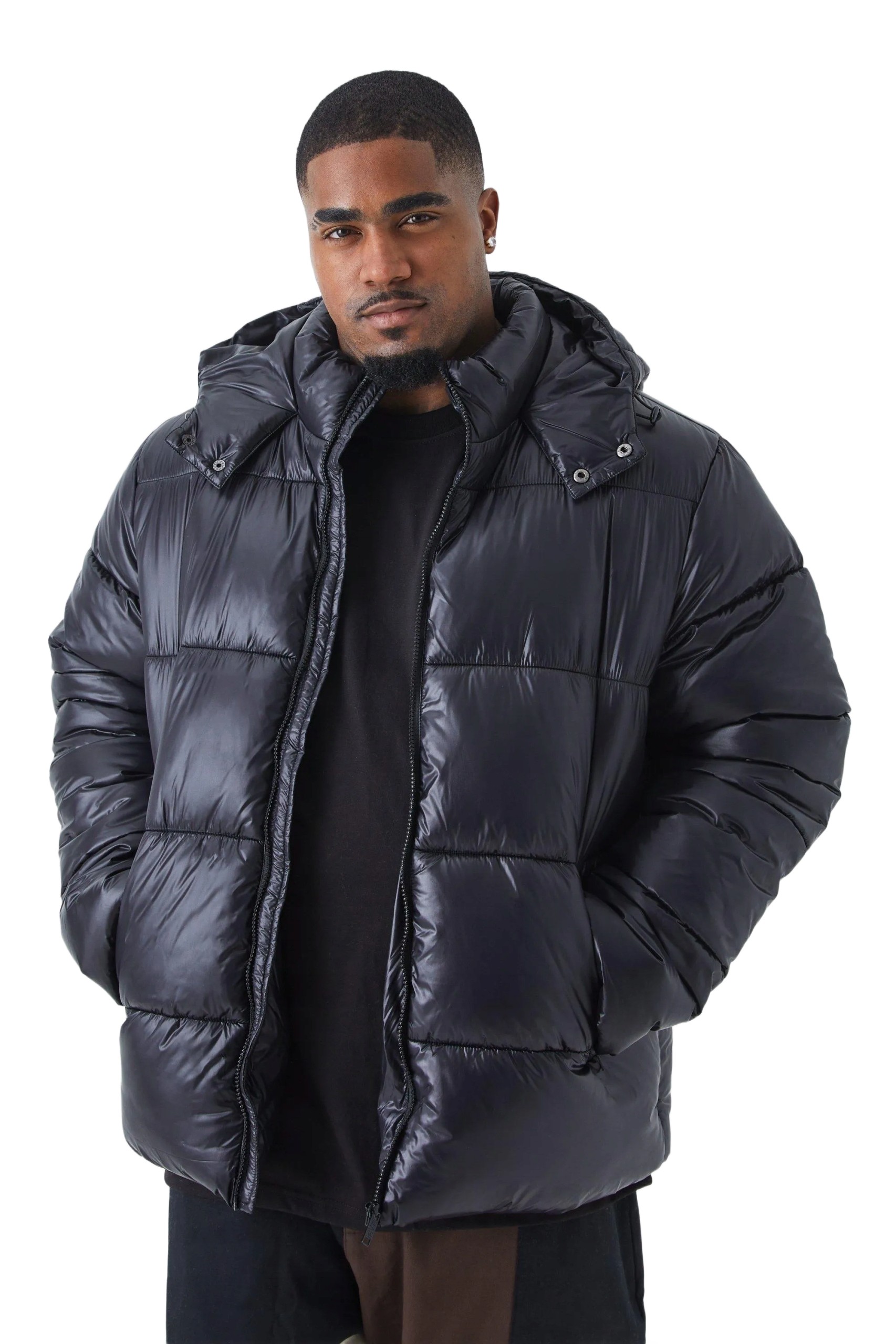 Boohooman Pánská Prošívaná Bunda S Kapucí Černá K Bokům XXL Z3A