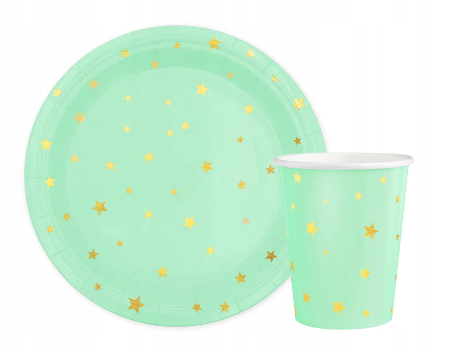 

Zestaw kubeczki talerzyki miętowe w złote gwiazdki