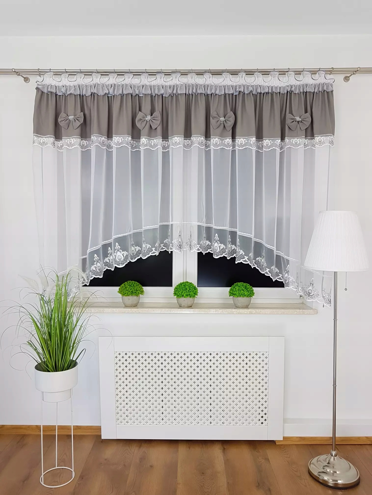 Firana Gotowa Z Kokardkami Szara Haft Firanki Do Kuchni 400/160 Na Taśmie