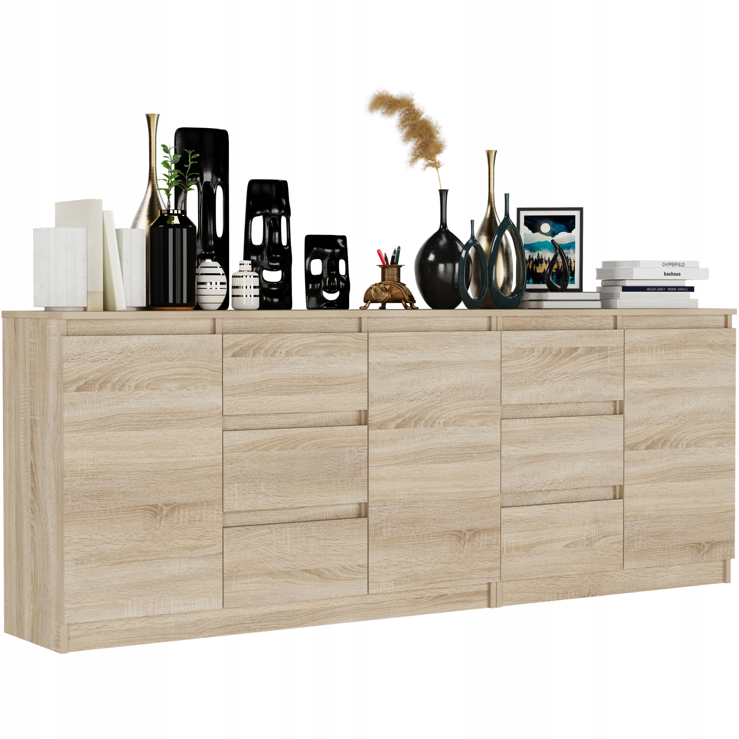 Komoda 200 cm Velká 6 zásuvek 3 Dvířka Dub Sonoma Prostorná sada Moderní
