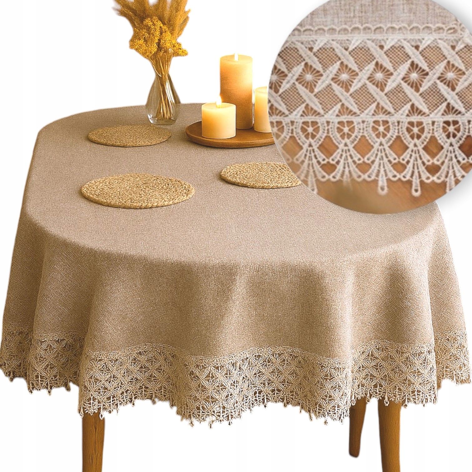 Owalny Beżowy Obrus na stół Gładki z koronką 130x180 Boho Owal naturalny