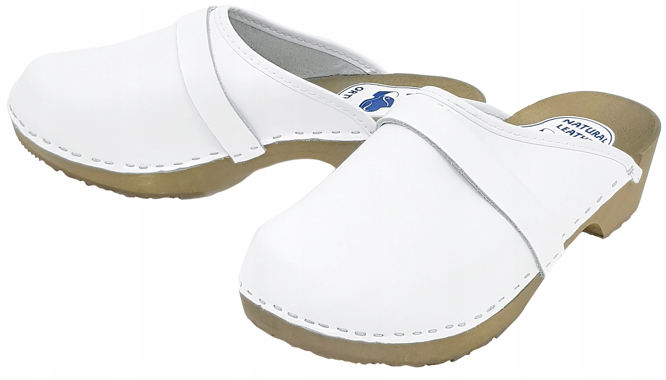 BIAŁE Drewniaki Pełne Proste Skórzane Klapki Chodaki Damskie Medyczne *42* Rozmiar 42