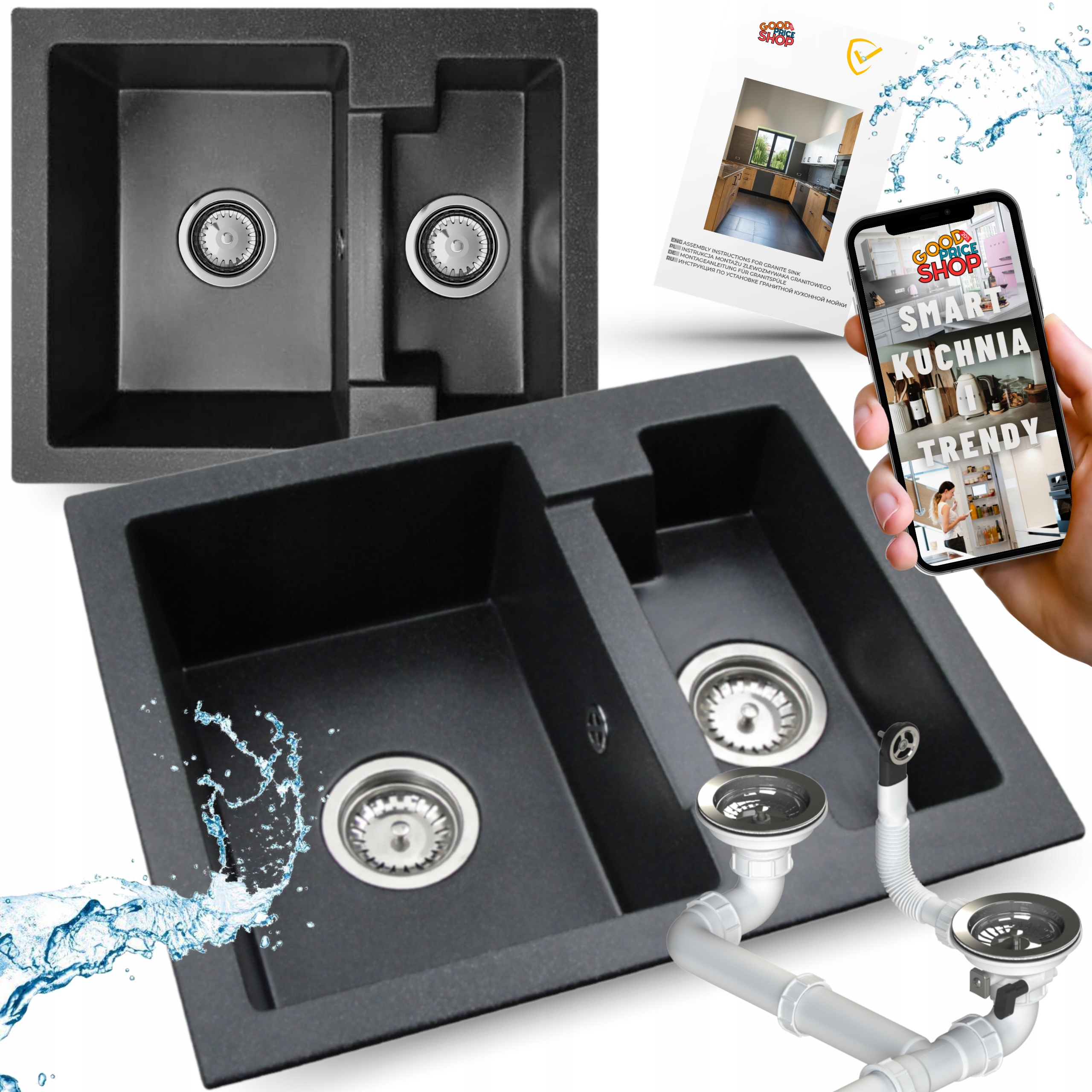Granitový Dřez S Jedním A Půl Komorovou Kuchyňskou Dřez Černý Skvrnitý Sifon