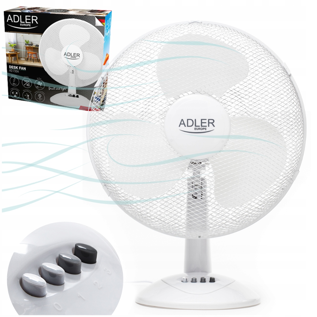 Stolní ventilátor 40 cm, 3 rychlosti, nastavitelný sklon, oscilace 90°, 90 W, bílý