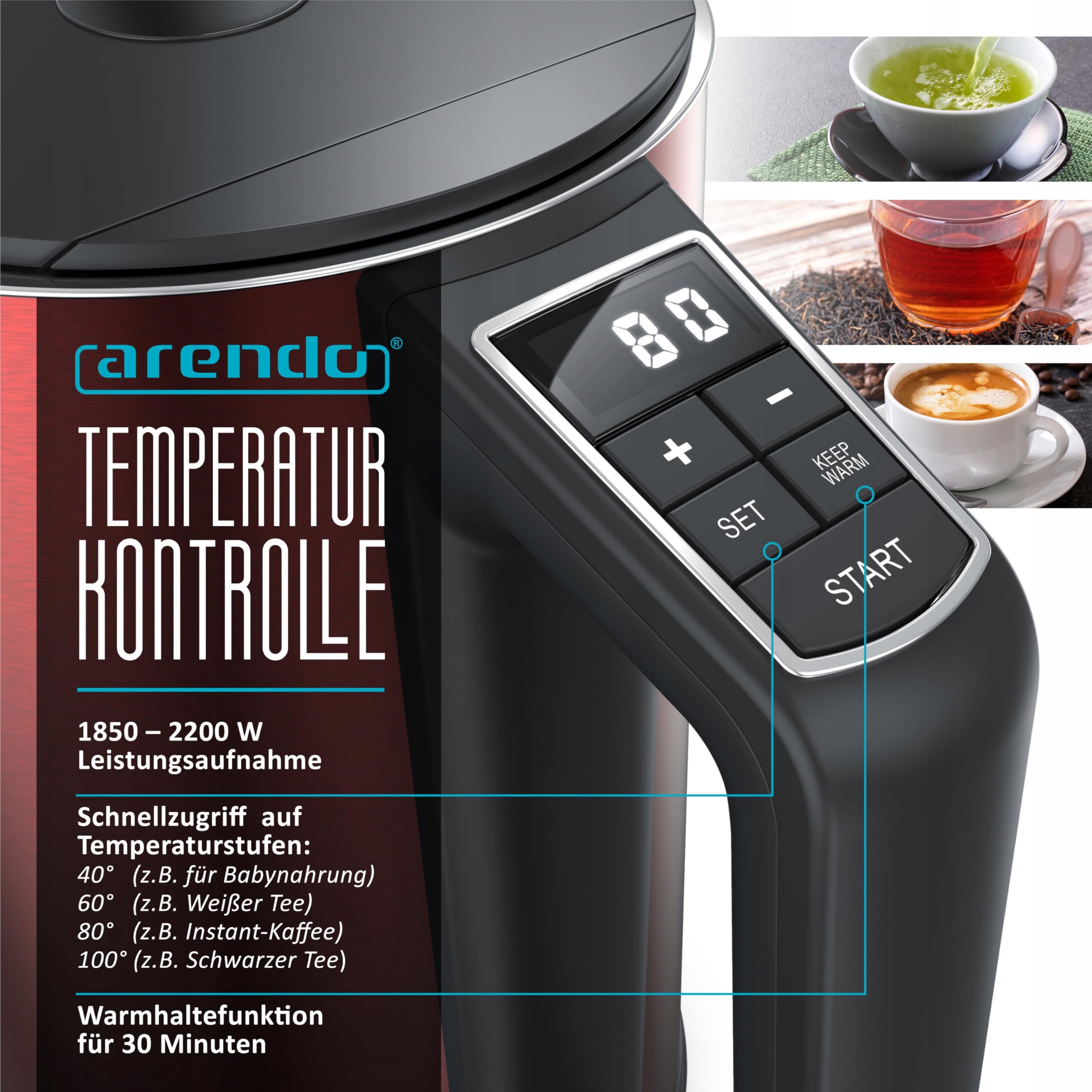 ARENDO Czajnik Elektryczny Stalowy 1,5L 2200W Czerwony — miniatura 3