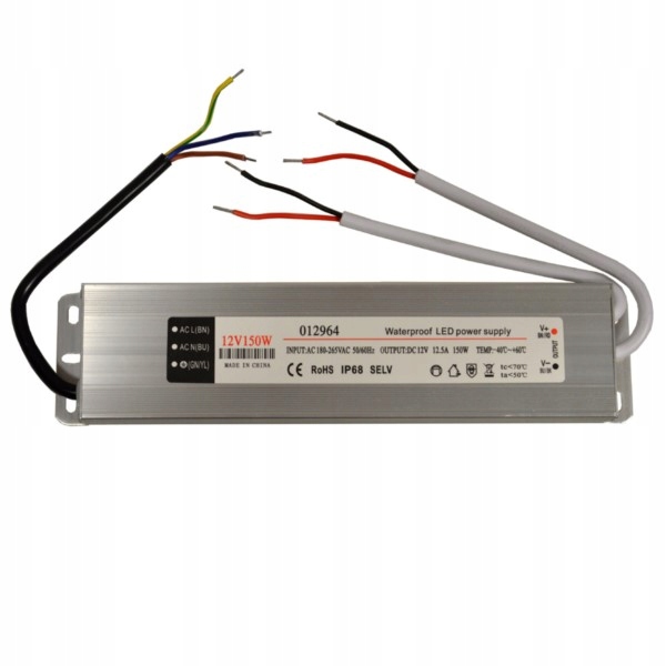 Transformator Zasilacz Led 12V 12,5A 150W Slim napięciowy IP67 aluminium