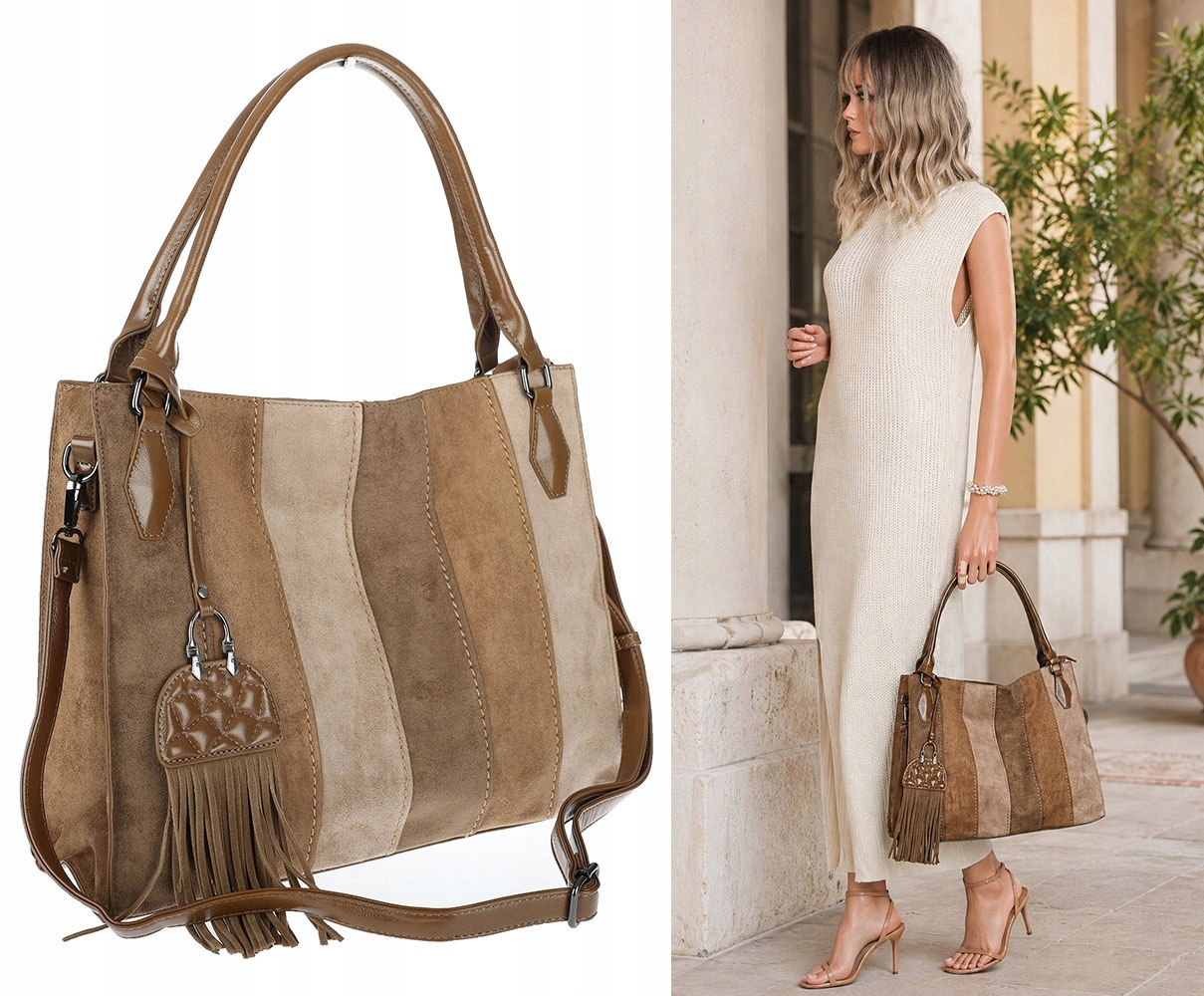 Dámská shopper kabelka se semišovou taškou s boho střapci přes rameno MC796 Béžová