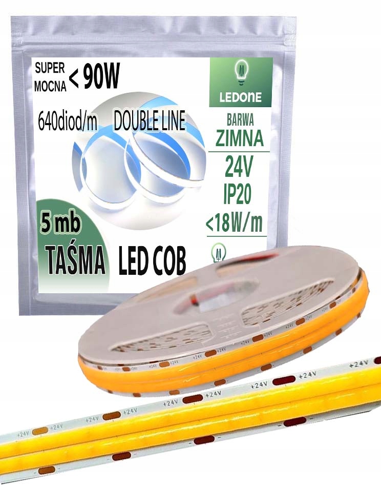 Led Páska Cob 24V silná 18W/m 1800 lm/m Neon linka Double studená 5M