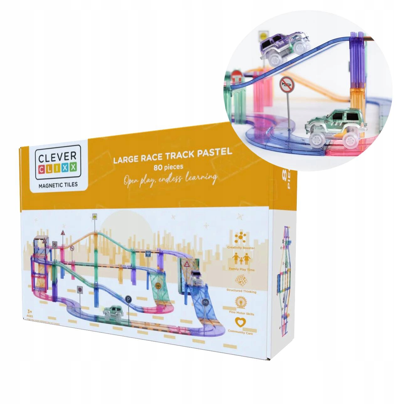 Cleverclixx Klocki Magnetyczne Large Race Track Pastel 80 El.