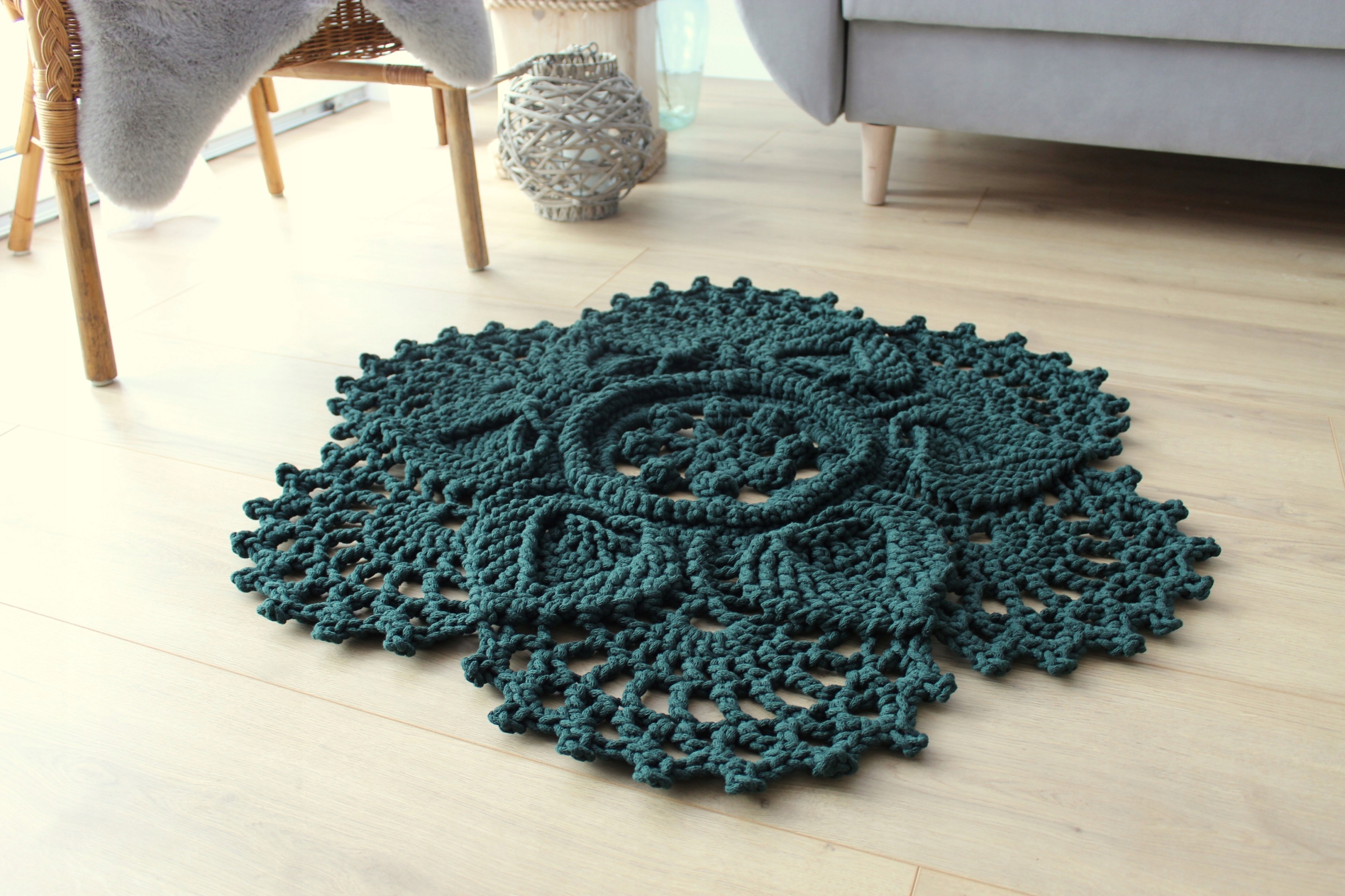 Předložka na háčkování z 3D provázku lahvová zeleň průměr 92cm Ruční Práce