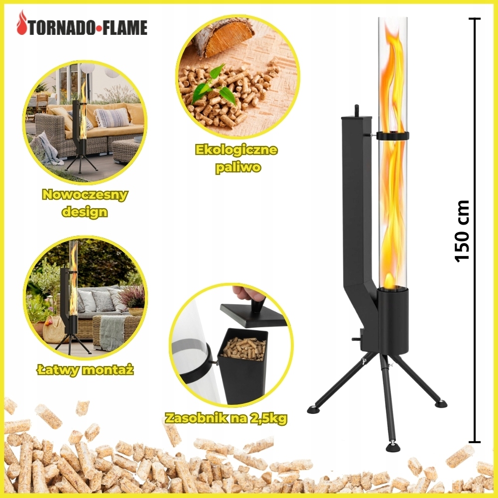 Kominek rakietowy do ogrodu lub na taras parasol grzewczy na pellet