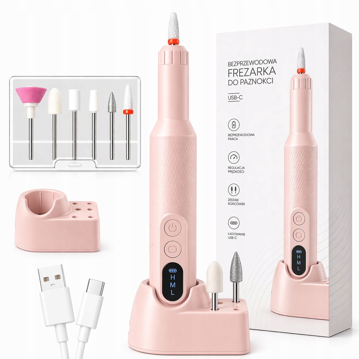 FREZARKA DO PAZNOKCI BEZPRZEWODOWA USB-C ZESTAW FREZÓW MANICURE PEDICURE