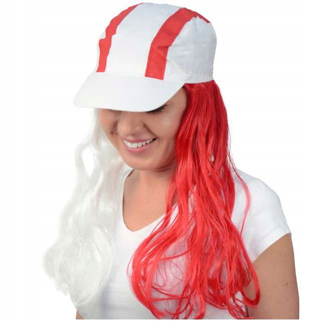 PERUKA kibica CZAPKA Z WŁOSAMI biało czerwoni