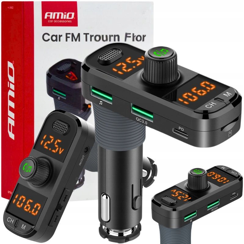 Transmiter Samochodowy Fm Bluetooth 2xUSB-A 1xUSB-C 12V 24V Ładowarka Hi-fi