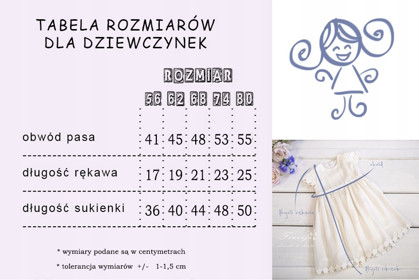 Sukienka do chrztu EMMA roz 80 Długość sukienki 50 cm