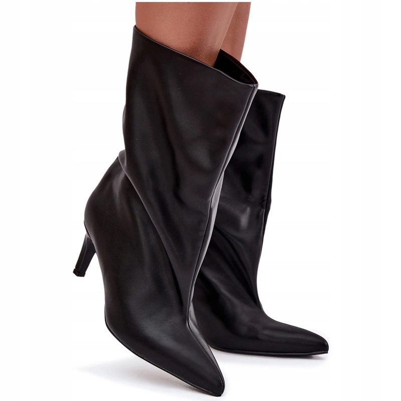 Dámské Kotníkové Boty Eko Kožené Podpatek Špičaté Špičky Černé 37