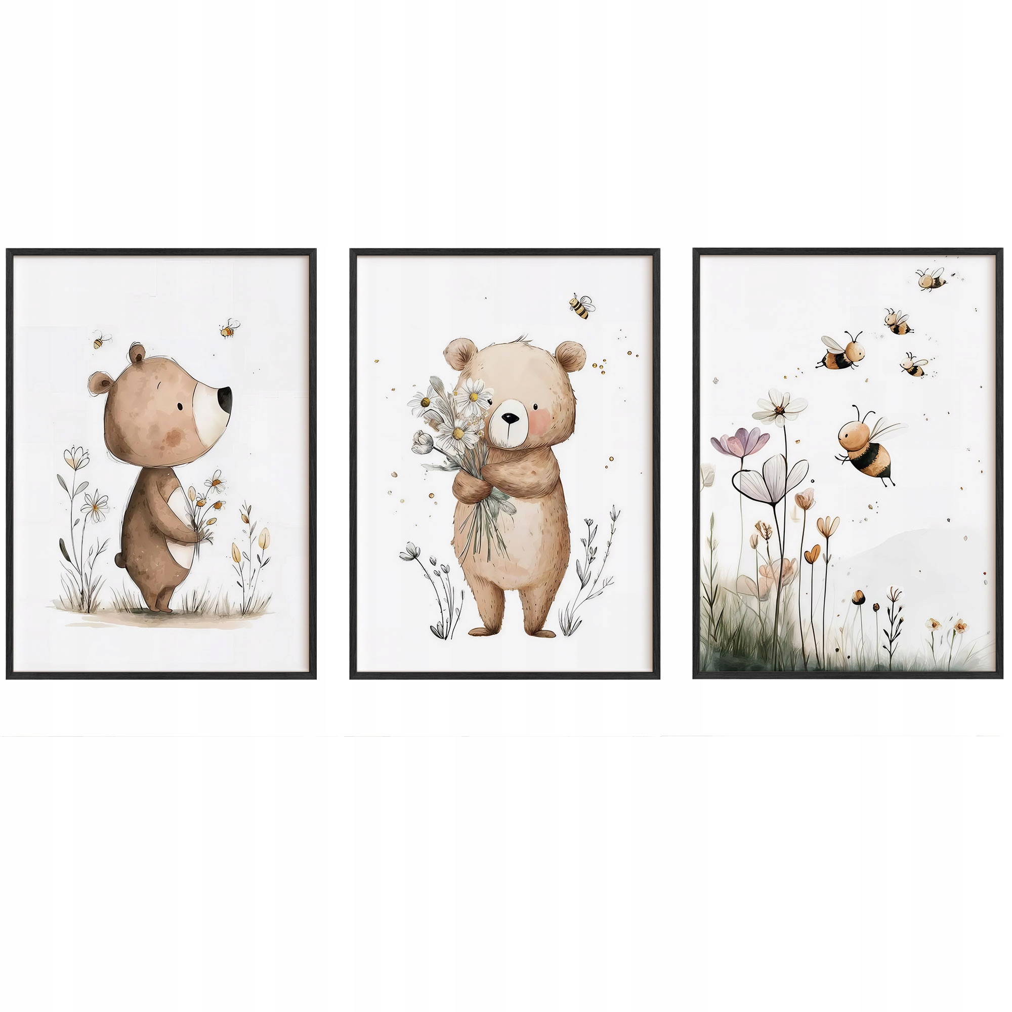 Obrazy Niedźwiadki i Pszczółki Plakaty Ramka Drewniana Czarna 3szt 30x40 cm