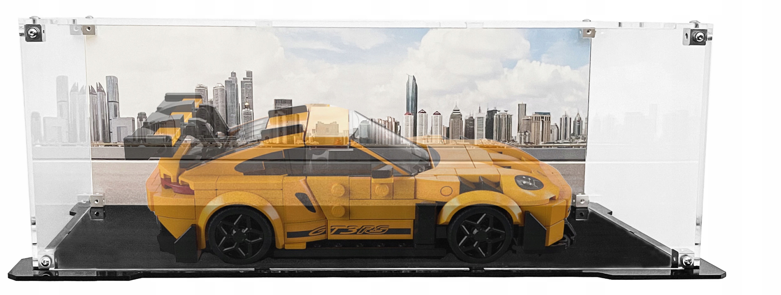 Vitrína s černou základnou a pozadím pro sadu Lego 77239 Porsche 911 GT3 Rs
