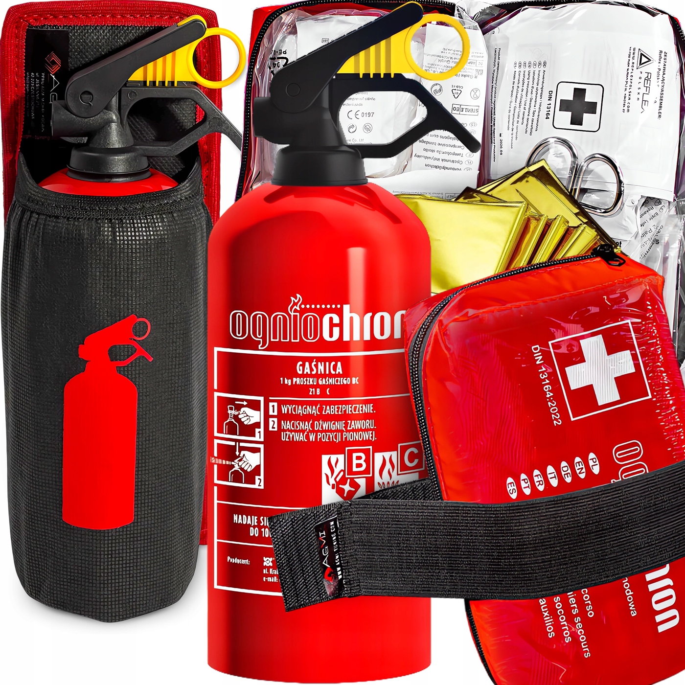 Hasicí Přístroj 1 Kg Lékárnička DIN13164 Držák Na Nosič Suchý Zip Pro Lékárničku Hasicí Přístroj