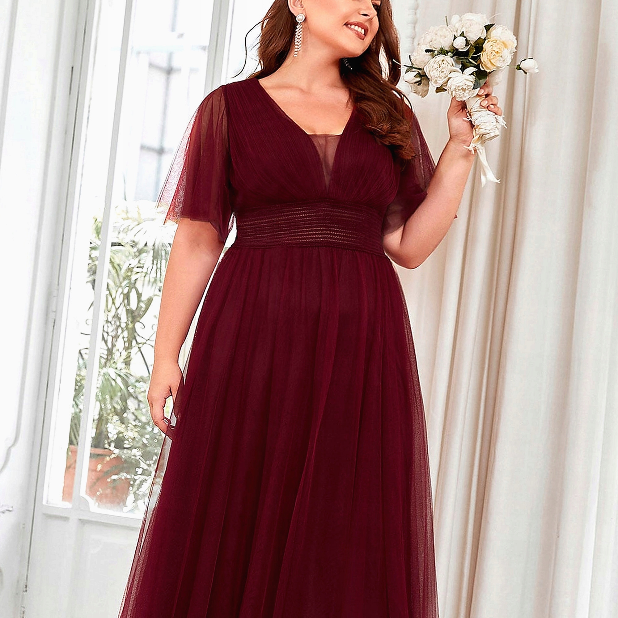 Šaty Dlouhá Burgundská Deep V XXL 44