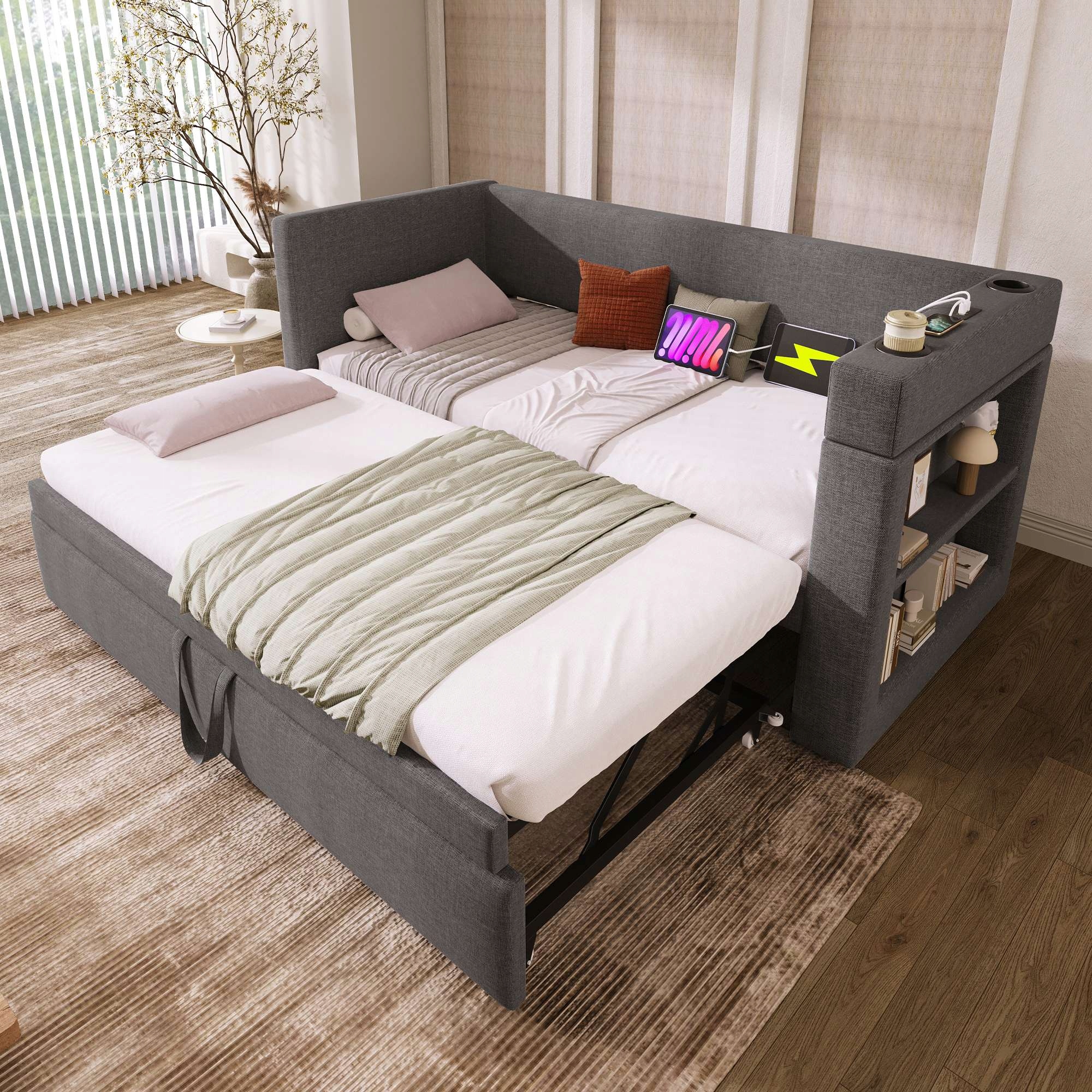 Čalouněná postel Sofa s výsuvným lůžkem Usb C 90 x 190 cm šedá