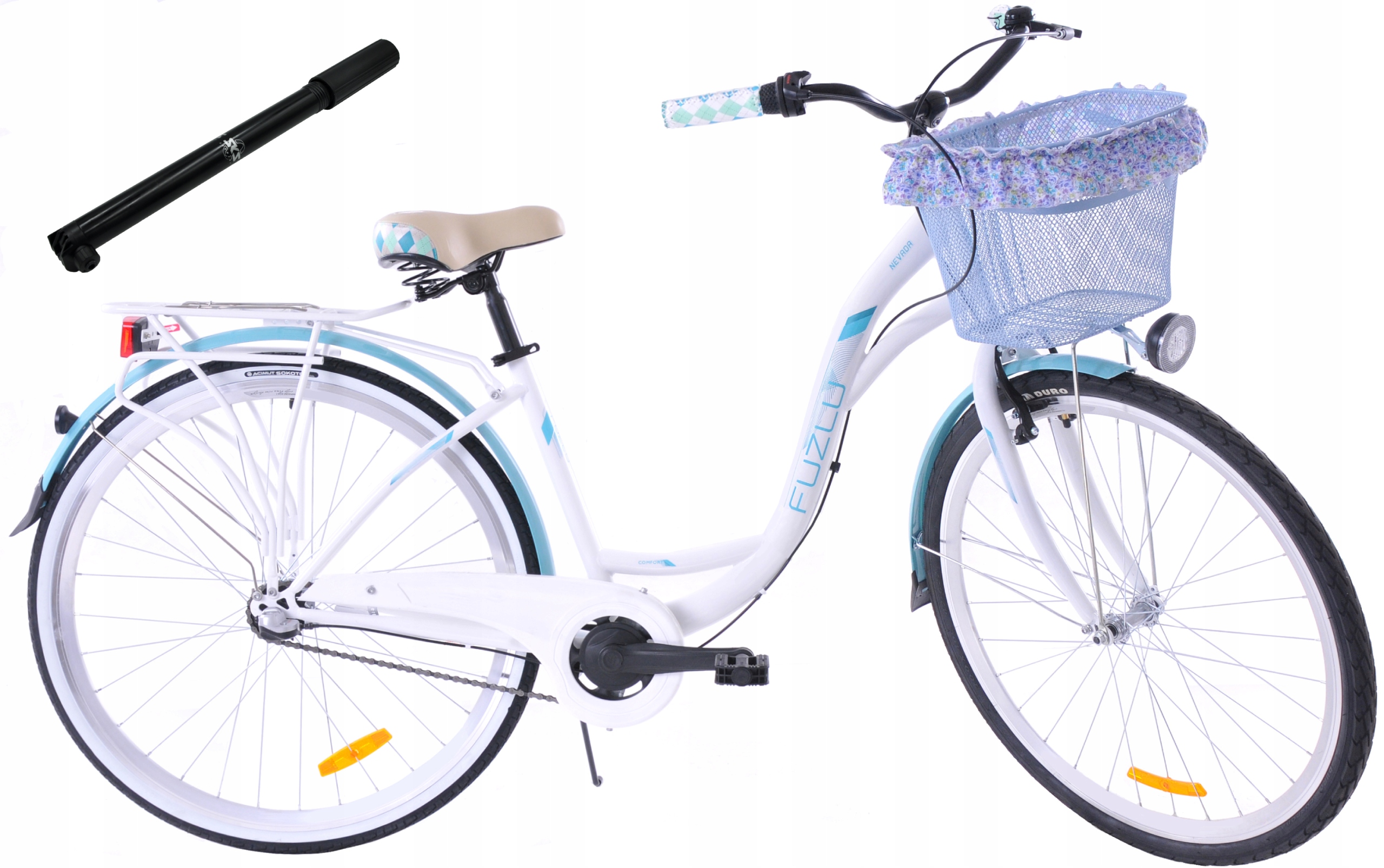 Rower miejski 28 Fuzlu Nevada S3 biało-morski kosz pompka