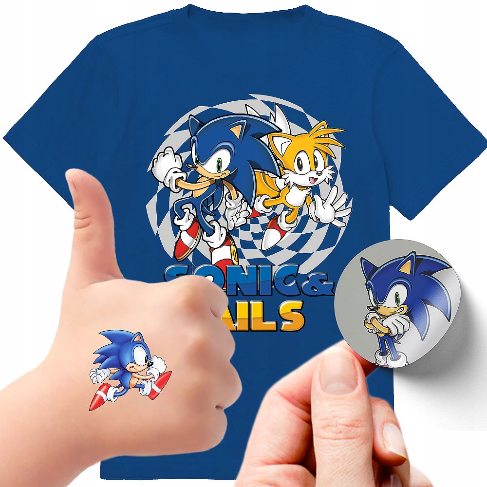 ZESTAW 3W1 KOSZULKA DLA DZIECI TATUAŻE NAKLEJKI SONIC 104 JAKOŚĆ