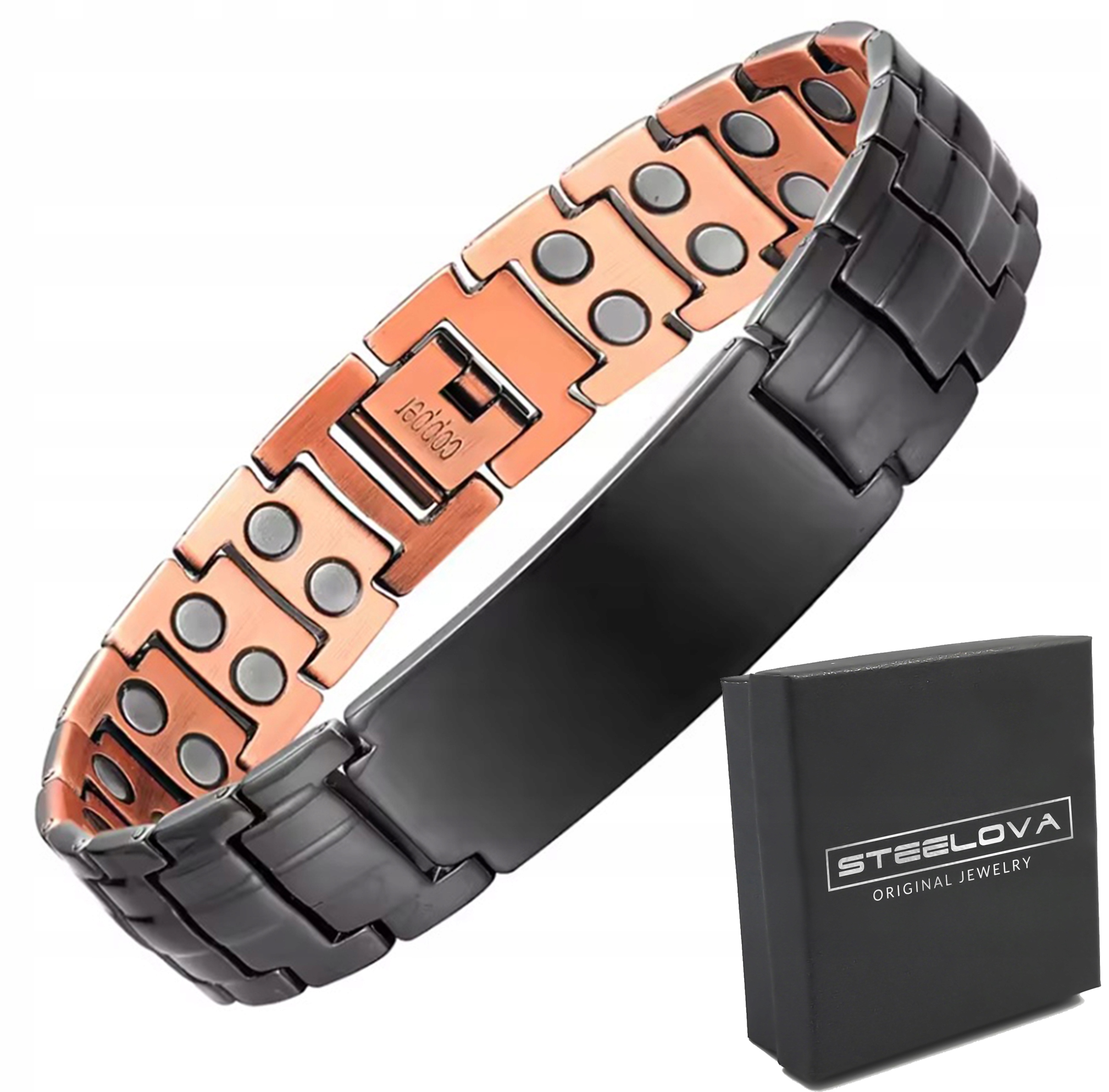 Černý magnetický měděný náramek s plechem, neodymové magnety 23 cm