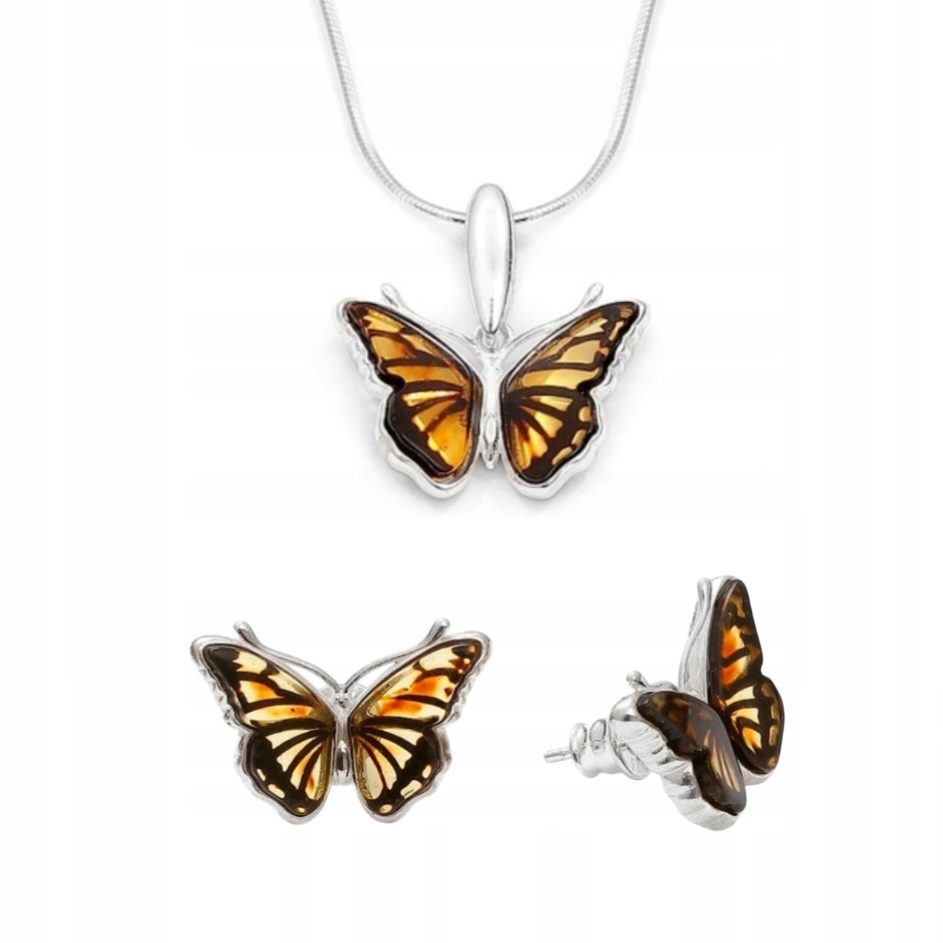 Motýl Stříbrný Komplet s Batyckým Jantarem náušnice, přívěsek řetízek 45 cm