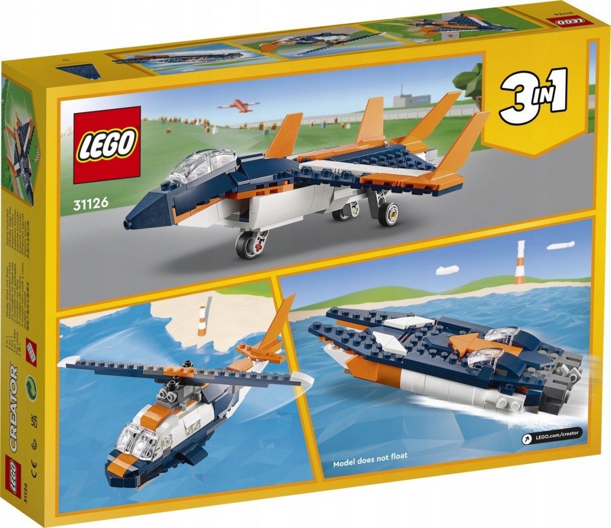 LEGO CREATOR Odrzutowiec Naddźwiękowy 3w1 Helikopter Motorówka Klocki 7+ Numer produktu 3112601