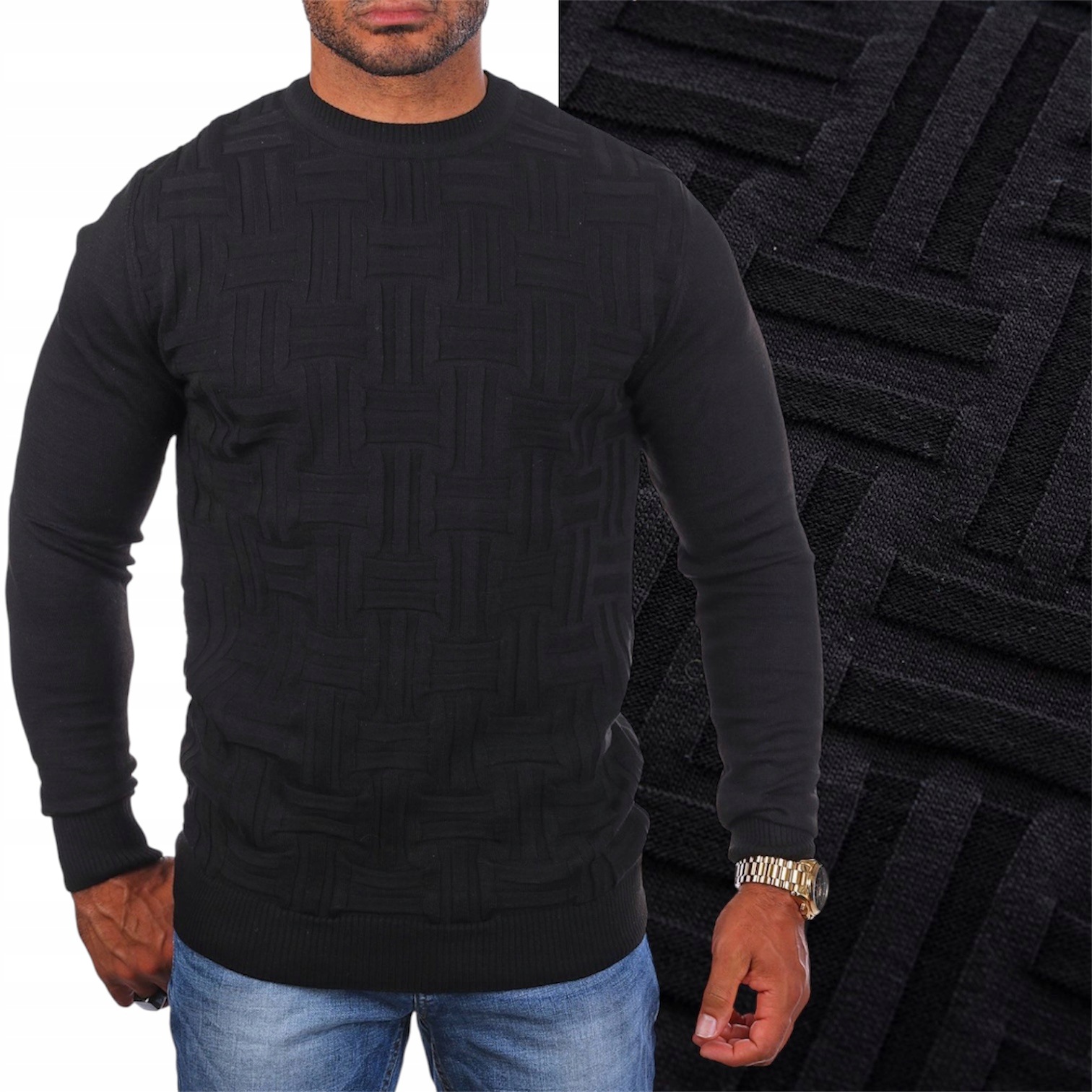 Pánský elegantní tenký svetr s kulatým výstřihem, černý S