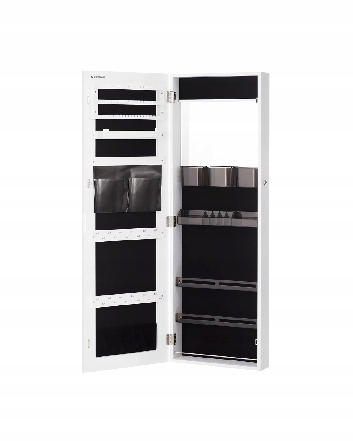 Skříňka na šperky se zrcadlem Songmics, závěsný organizér 2v1, bílá