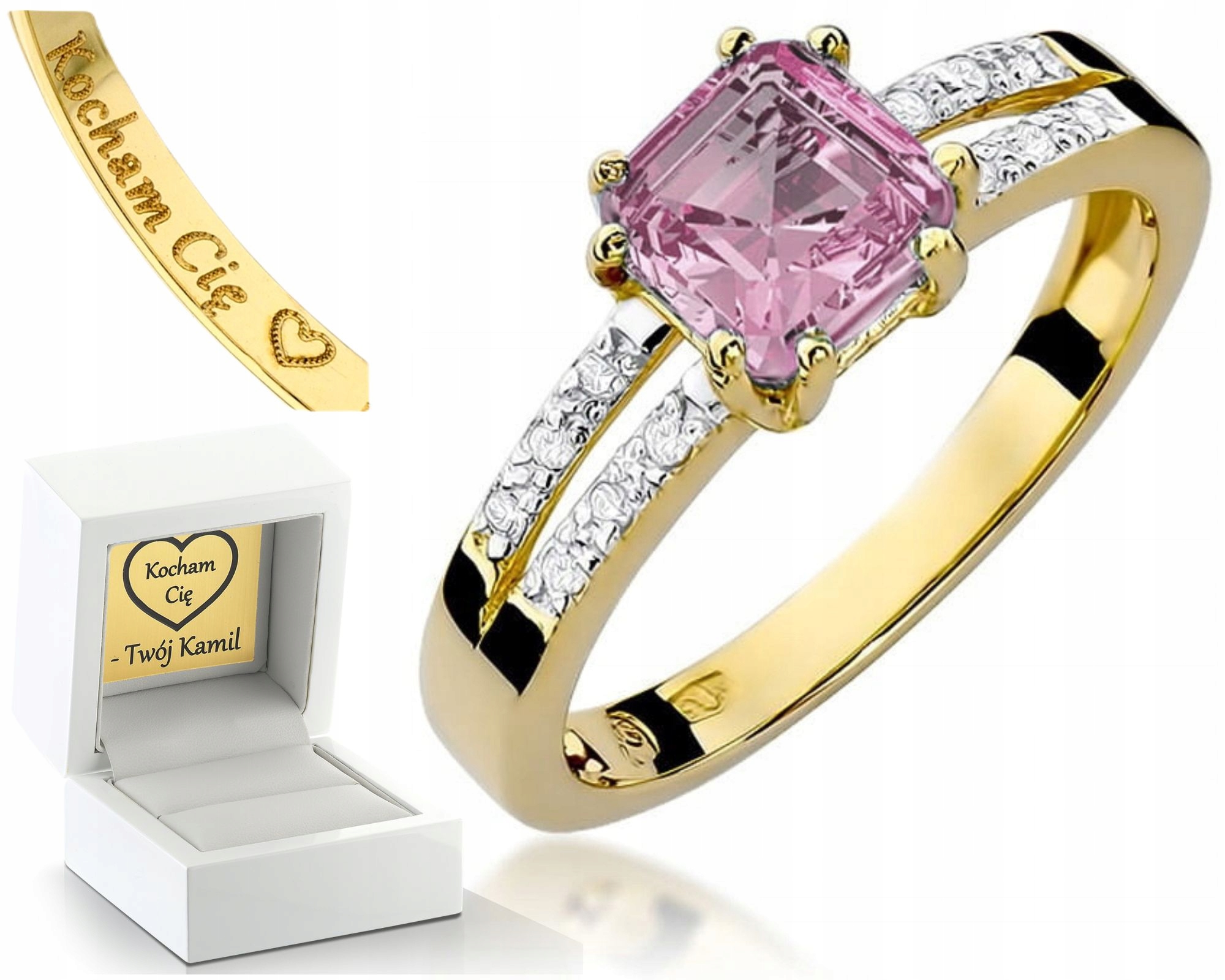 Zásnubní Prsten Prstýnek Žlutého Zlata S Růžovým Topazem S Gravírování Diamanty 585