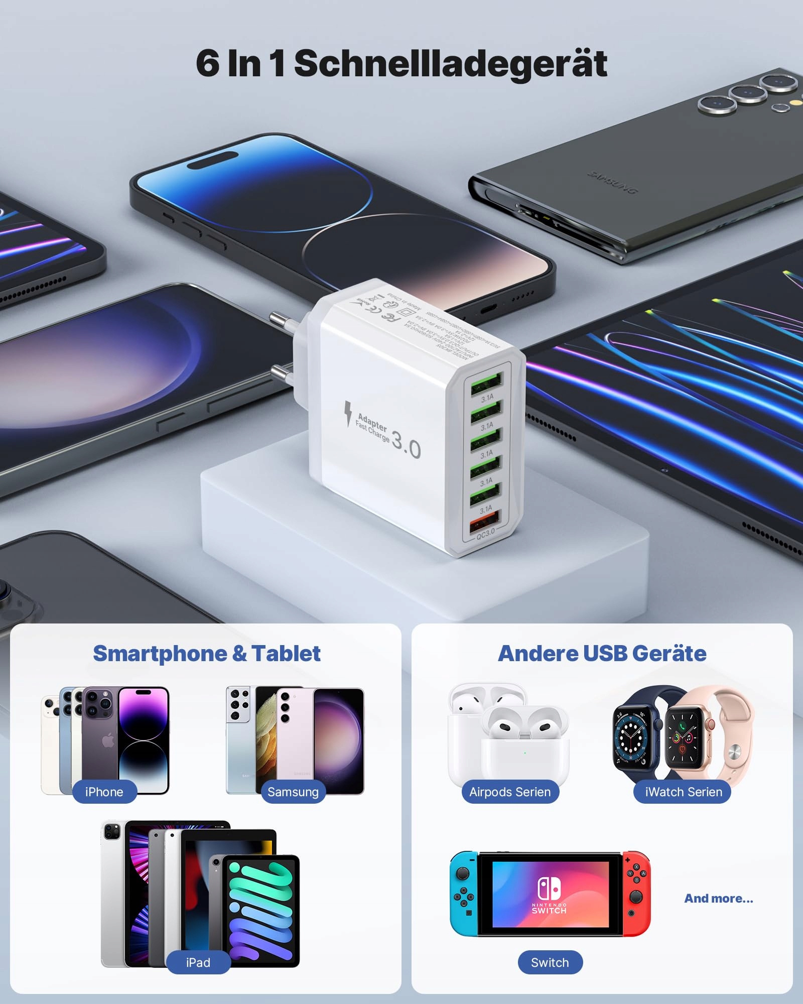 Tupneuf Ładowarka USB 6-Portów 33W QC 3.0 Szybkie Ładowanie iPhone iPad — miniatura 6