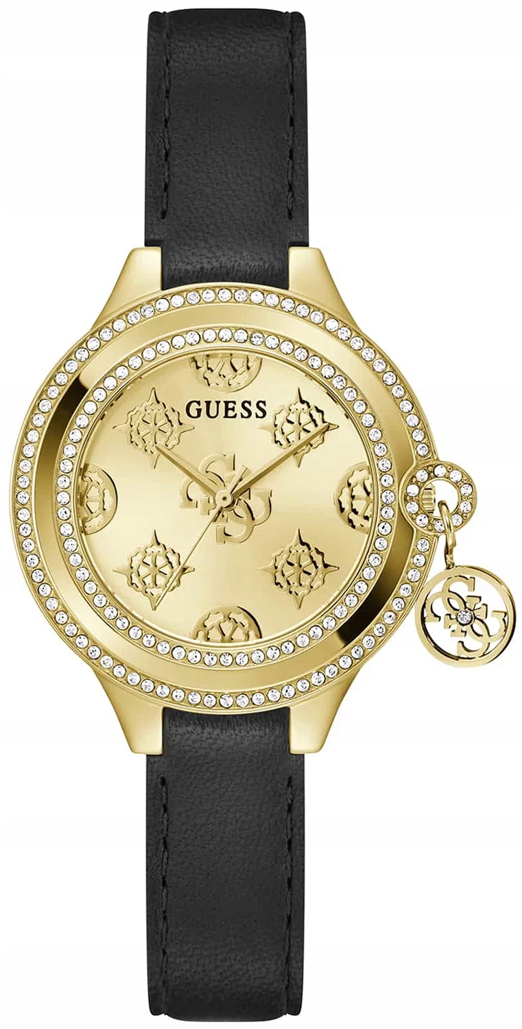 Dámské hodinky Guess Charmed Zlatý ciferník Řemínek kůže černá Zirkony Logo