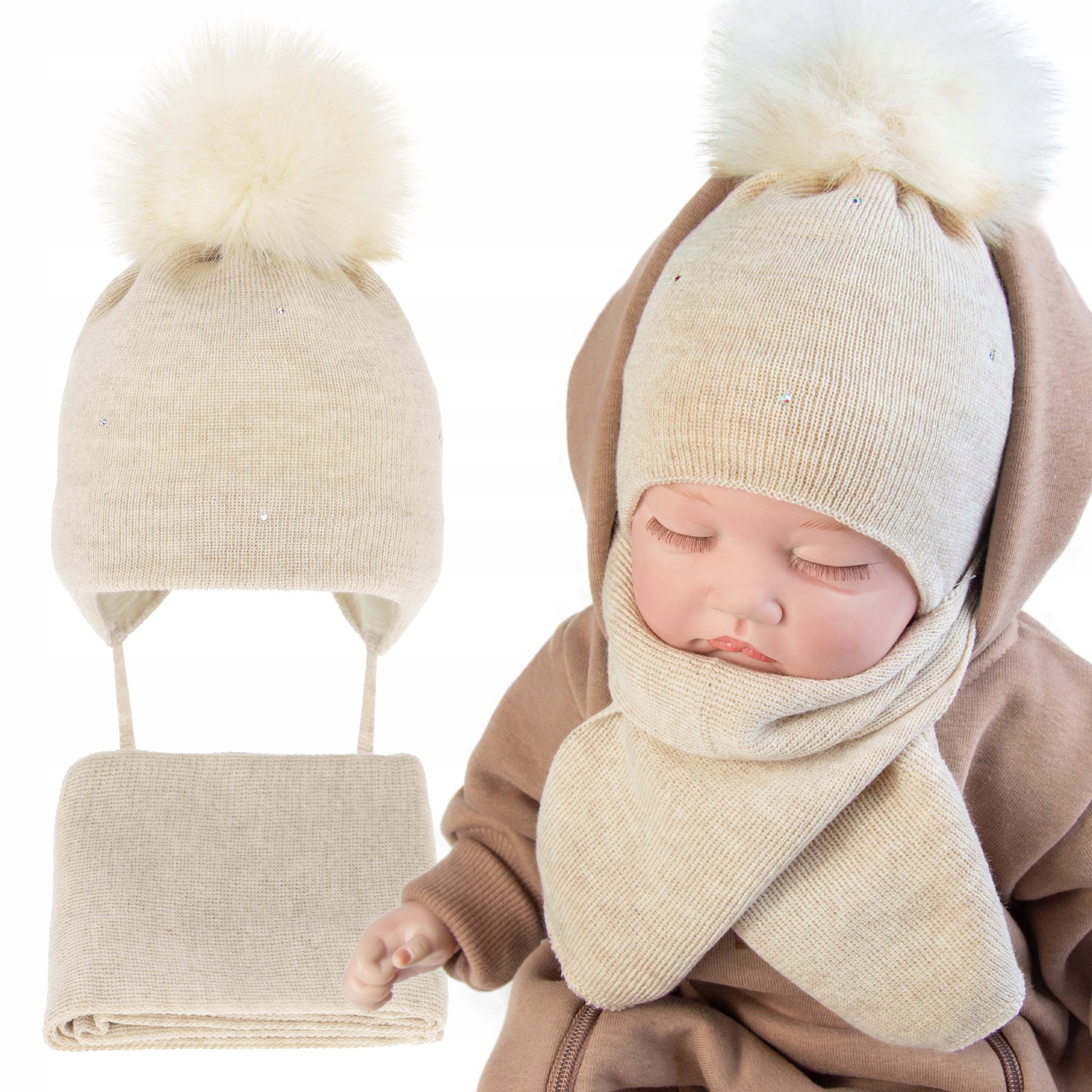Zimowy Komplet Niemowlęcy dziewczynka wełna Merino 100% Czapka Szalik 38-42