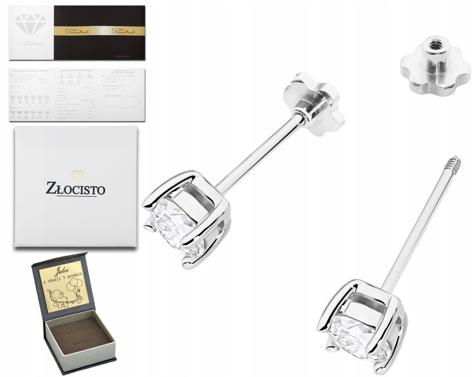 Náušnice Z Bílého Zlata S Diamantem Na Šroubovací Tyči, Zlato 585