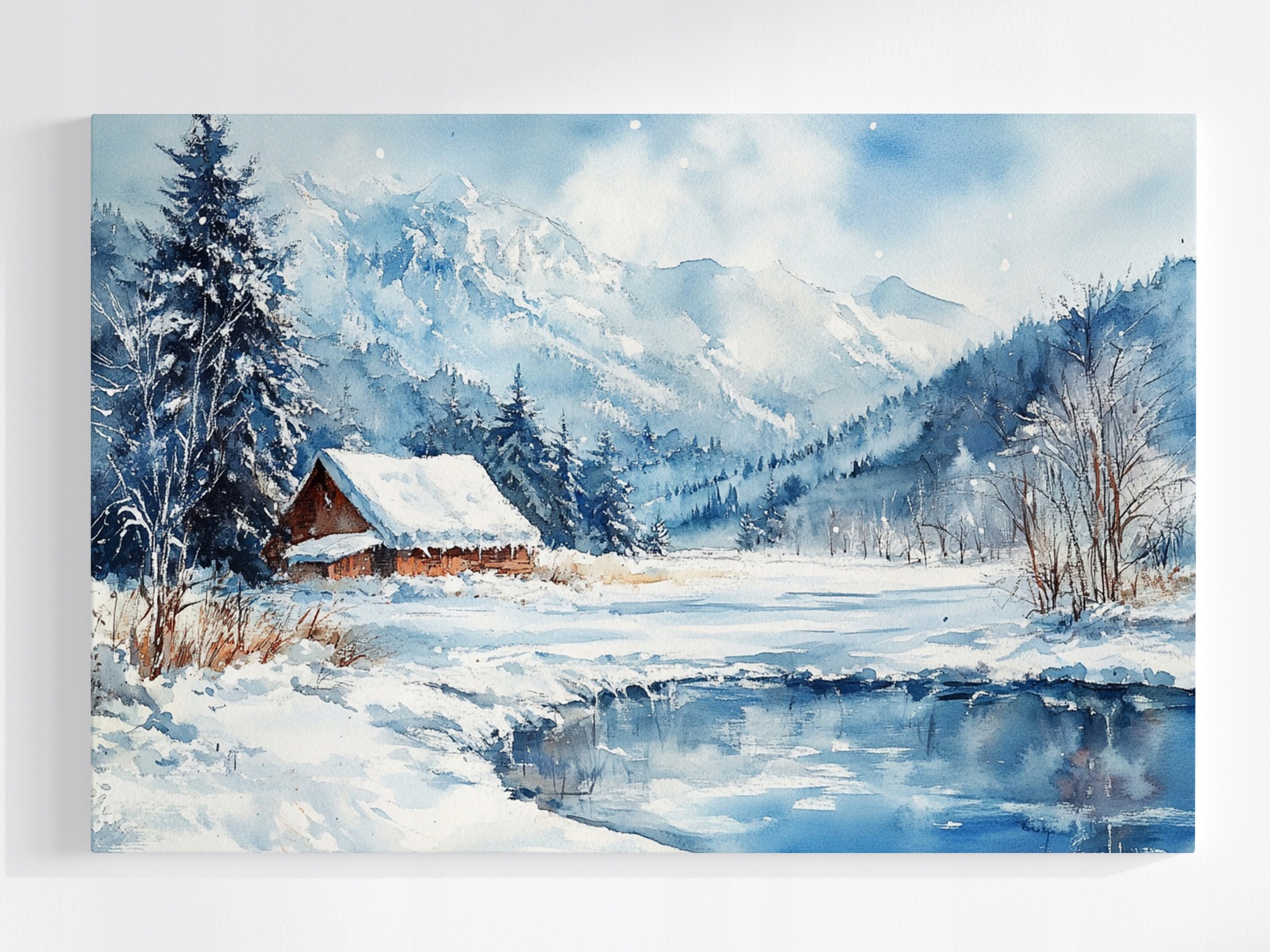 Obraz Na Plátně Canvas Krajina Hory Rybník Dům Zima Sníh 120x80