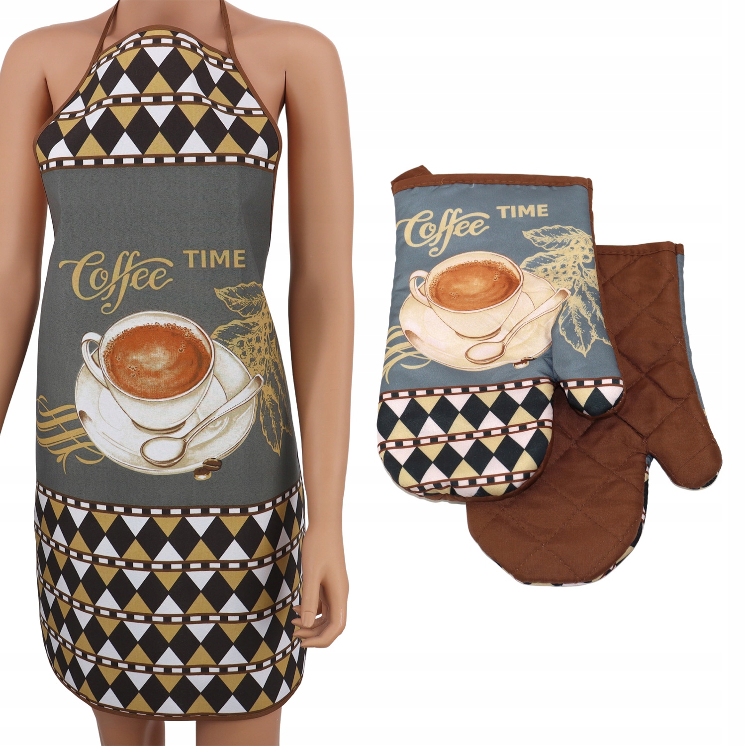 

Zestaw Kuchenny Fartuch Rękawice Szary Krata Kawa