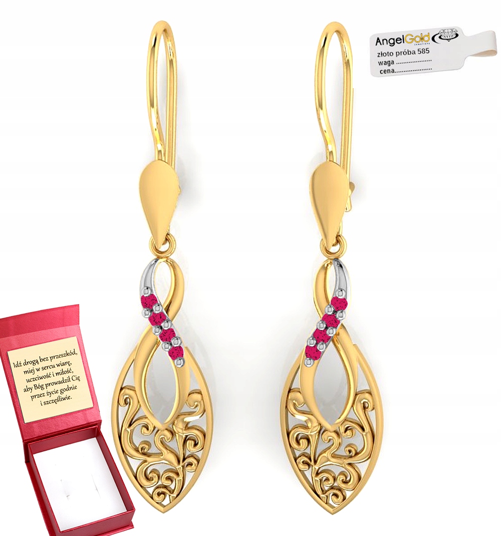 Ažurové Náušnice Dlouhé S Rubíny Ze Zlata Ryzosti 585