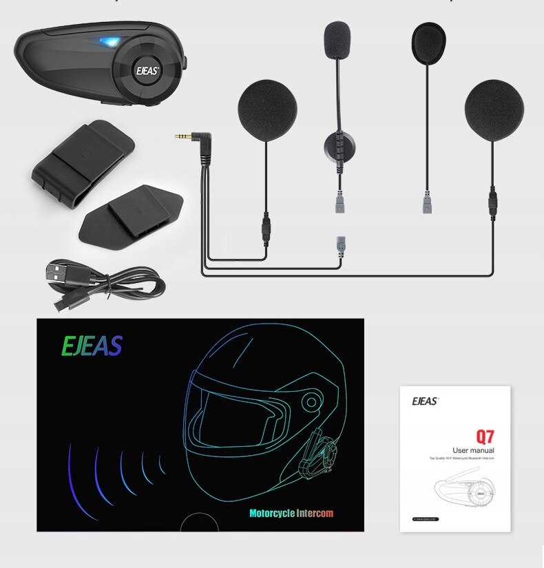 INTERKOM MOTOCYKL EJEAS Q7 7 OSÓB + PILOT EUC 2szt Maksymalny zasięg 800 m